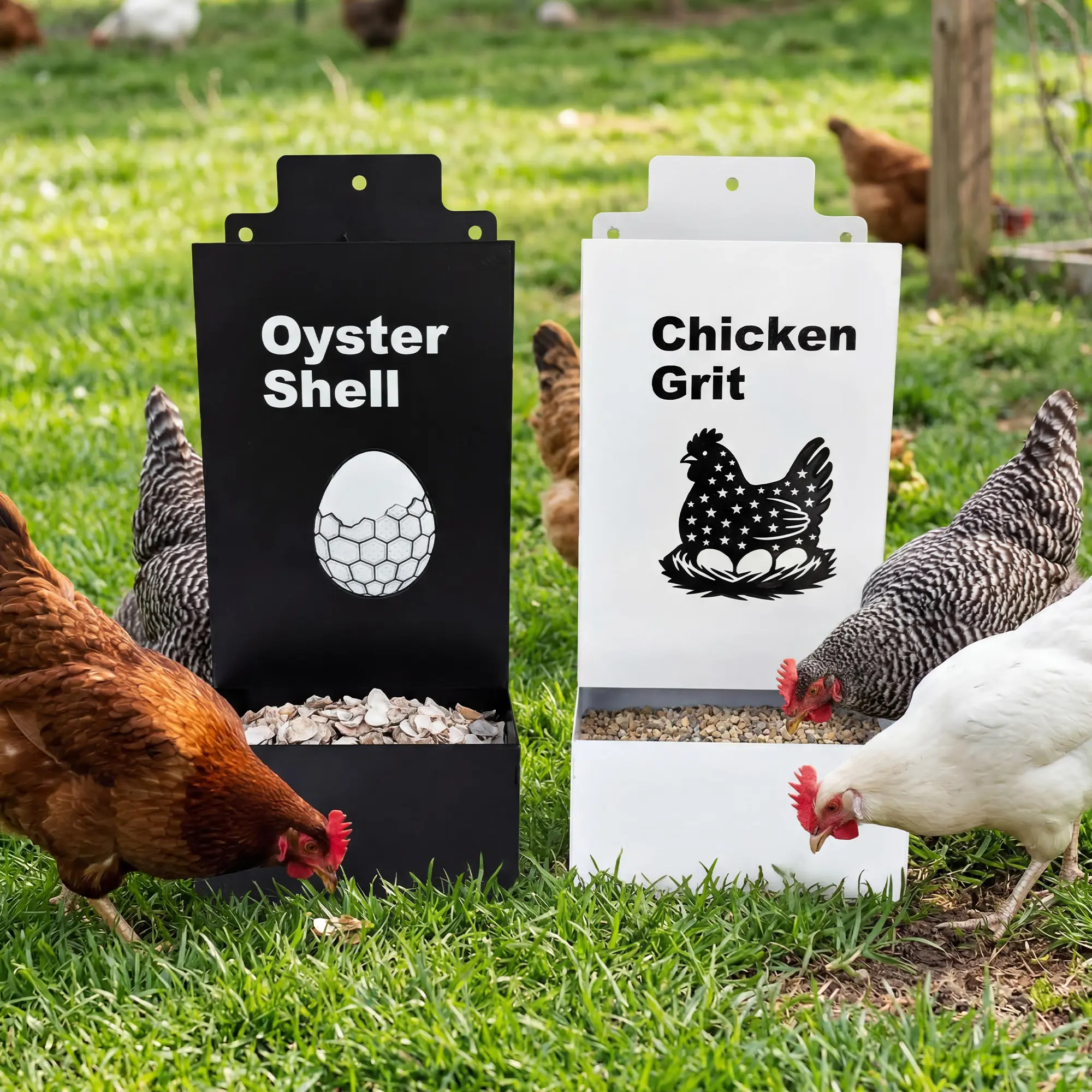 2-Pack Heavy-Duty Galvanized Metallic Chicken Feeder Supplies, Rust-Proof Stain-Resistant Wall-Mounted Outdoor Feeding Tools, Oyster Shell & Grit Feeders with Organized Port & Waste Control