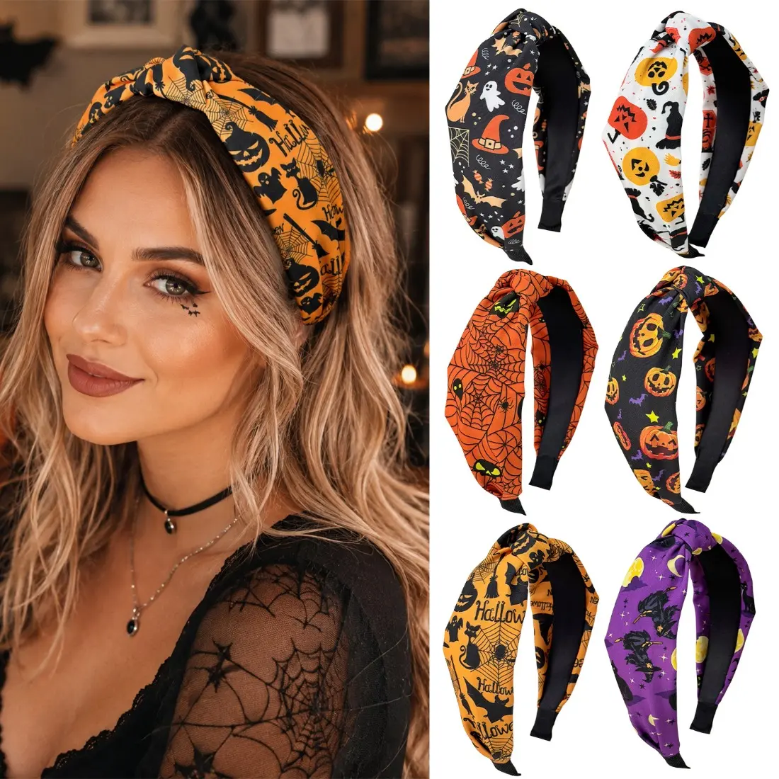 Halloween Knotted Headband for Women & Girls, Cute Pumpkin & Ghost Print Wide Headband, Trendy Fall Festival Hair Accessory, Soft Comfortable Hair Hoop for Halloween Party, Cosplay, Trick-or-Treat, School, Photos & Daily Wear