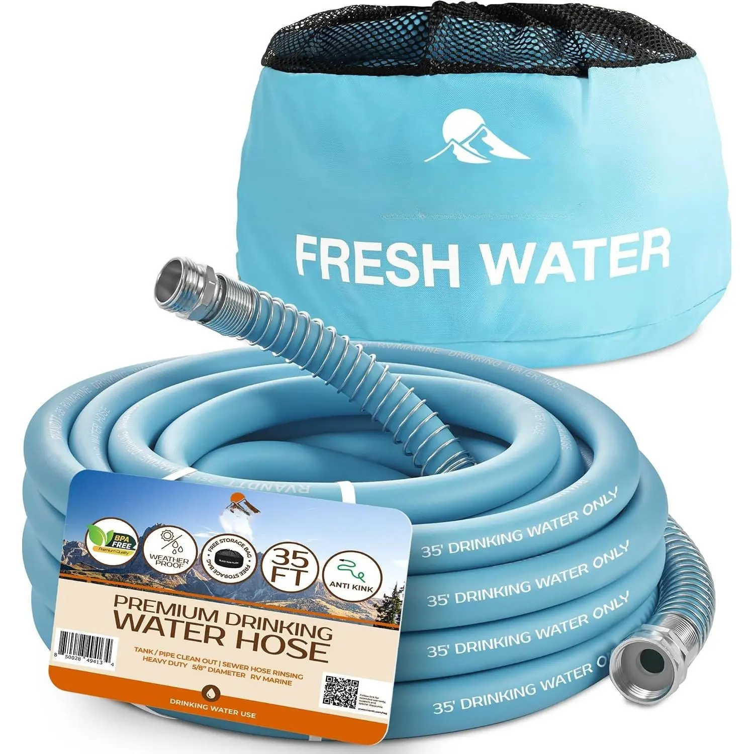 RV  Water Hose -  Drinking Water Hose with Storage Bag, Flexible Garden Hose for RV, Camping, and Outdoor Use - Lead, BPA, and Phthalate Free, 35ft 5/8" diameter