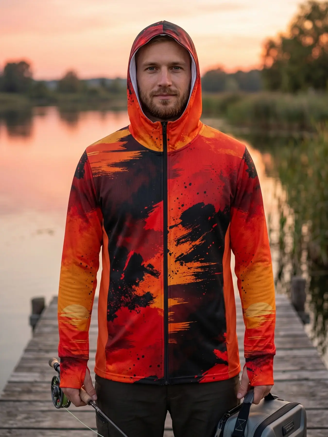 2026 Full-Zip Hooded Sun Jacket, Lake Sunset Design, Gradient, Ink Texture, Perfect for Fishing, Kayaking, Beach Travel