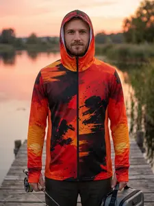 2026 Full-Zip Hooded Sun Jacket, Lake Sunset Design, Gradient, Ink Texture, Perfect for Fishing, Kayaking, Beach Travel