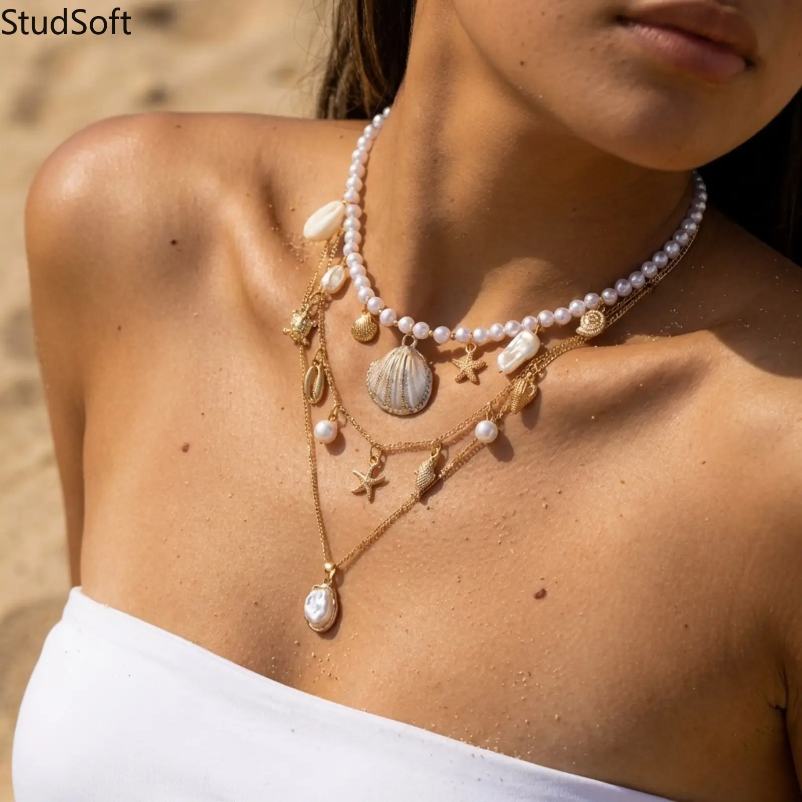 Women's Boho Layered Gold Necklace with Pearl, Shell & Starfish Pendants, Handmade Casual Beach Jewelry, Female