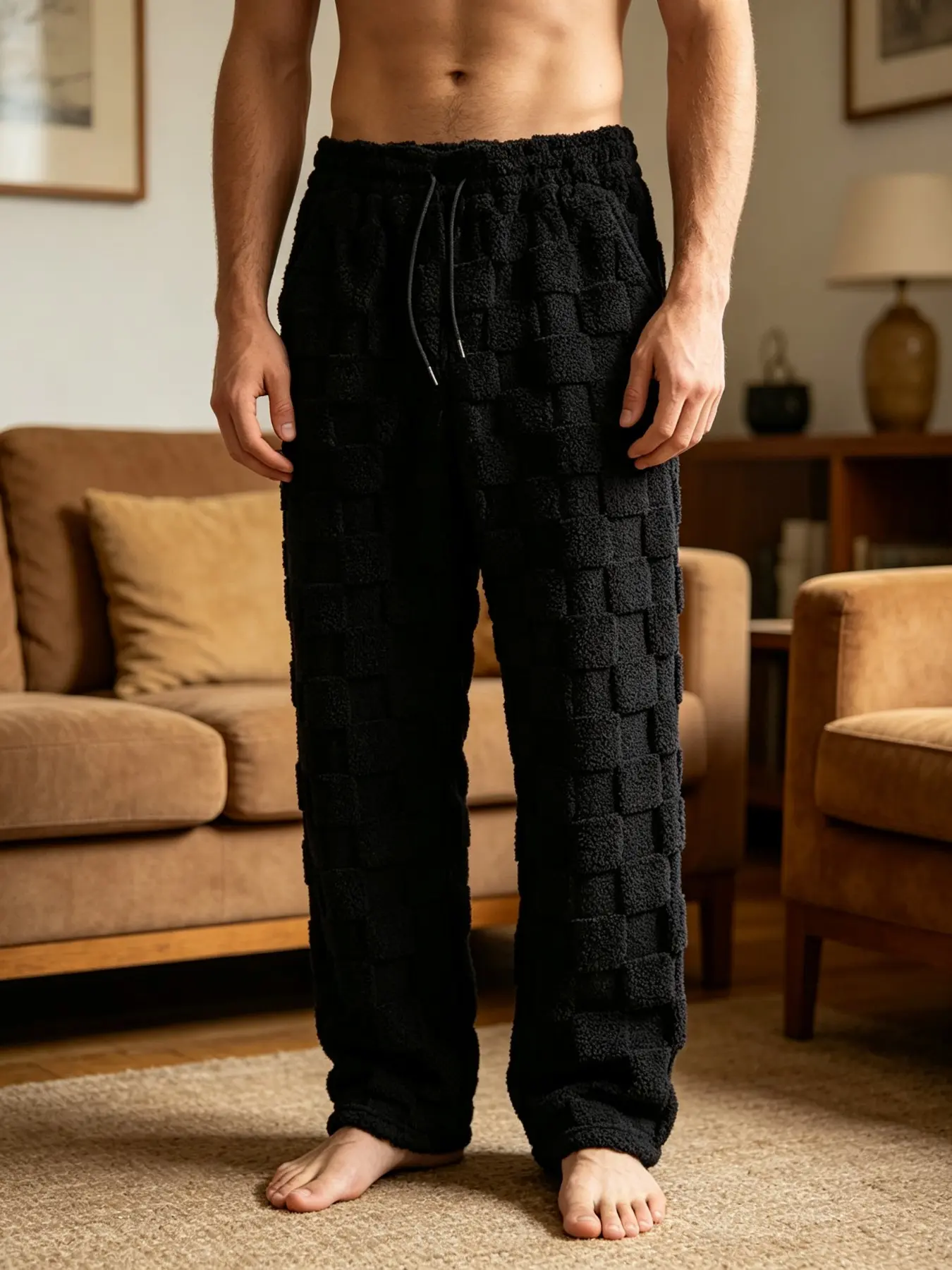 Men's Plush Fuzzy Checkered Long Pants, Trendy 3D Small Square Pattern, Warm Adjustable Drawstring Waist, Comfortable Casual Outerwear