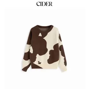 Cider Knit Wool-blend Cow Pattern Round Neckline Long Sleeve Oversized Top SummerFinds