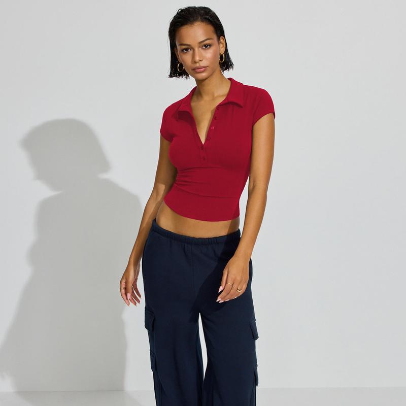 Summer Polo Collar Button Short Sleeve Slim Fit Sports Waist-Cinching Solid Color Versatile Top Short Sleeve