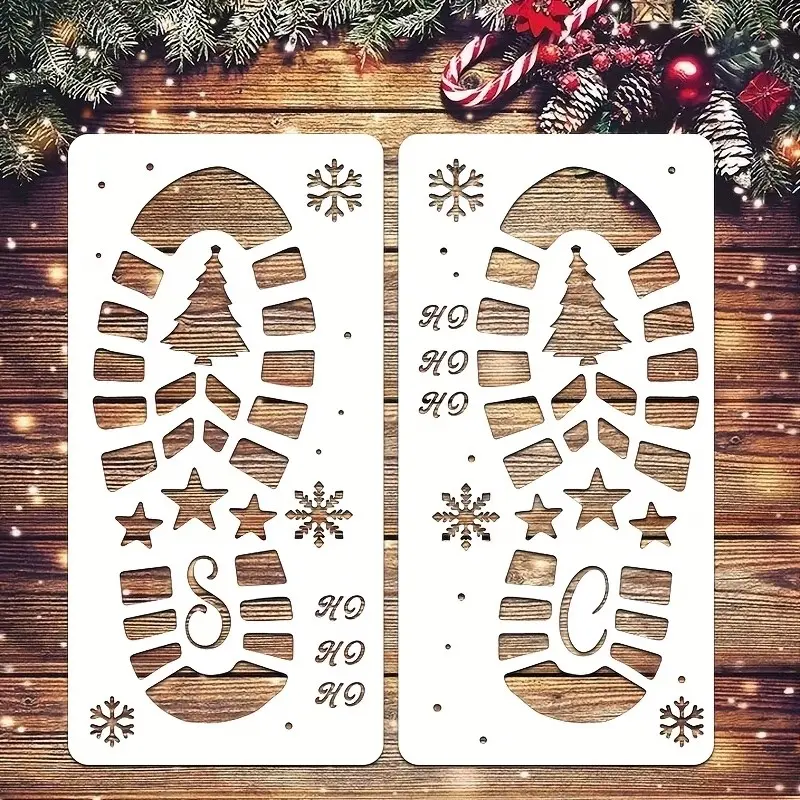 2 Piece Christmas Santa Footprint Template, Wall Painting, Large Santa Boots and Snowflake Patterns, Reusable DIY Holiday Craft Template