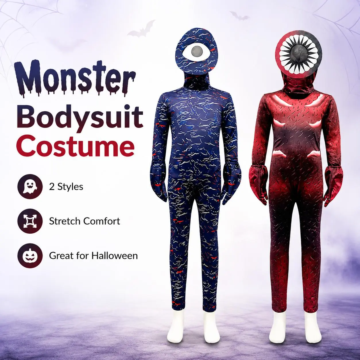 Kids Monster Bodysuit Costume, Full Body Halloween Alien Creature Outfit with Eye or Mouth Head Hood, Blue and Red Style One Piece Cosplay Suit for Party, School Event, Theme Costume, Photo Booth and Stage Performance