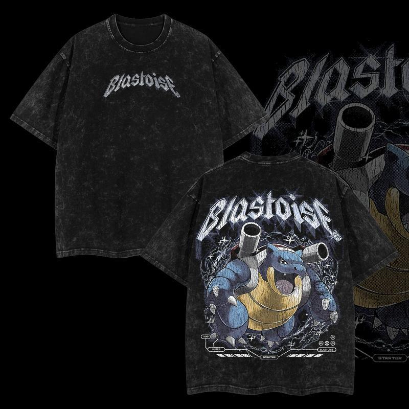 Pokemon Blastoise Vintage Unisex Oversize Anime Manga Acid Washed Heavyweight Cotton T Shirt Graphic Tee Casual Streetwear Outfits For Men Ideal Gift For Anime Lovers