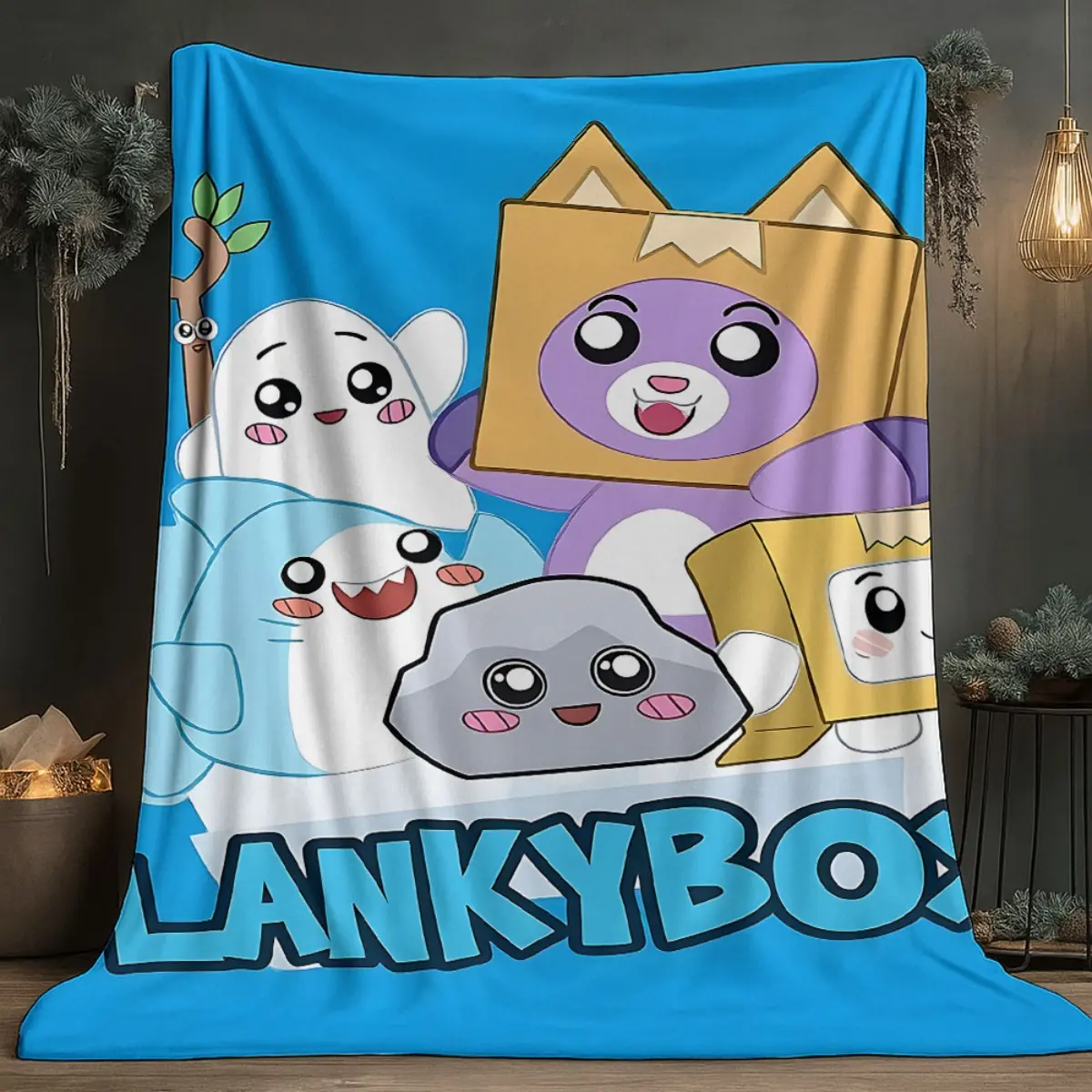 LankyBox Cartoon Print Flannel Throw Blanket - Pure Cotton, Wrinkle-Proof, Bright Sky Blue Solid Background, Warm Gift for YouTube Gaming Fans & Collectors