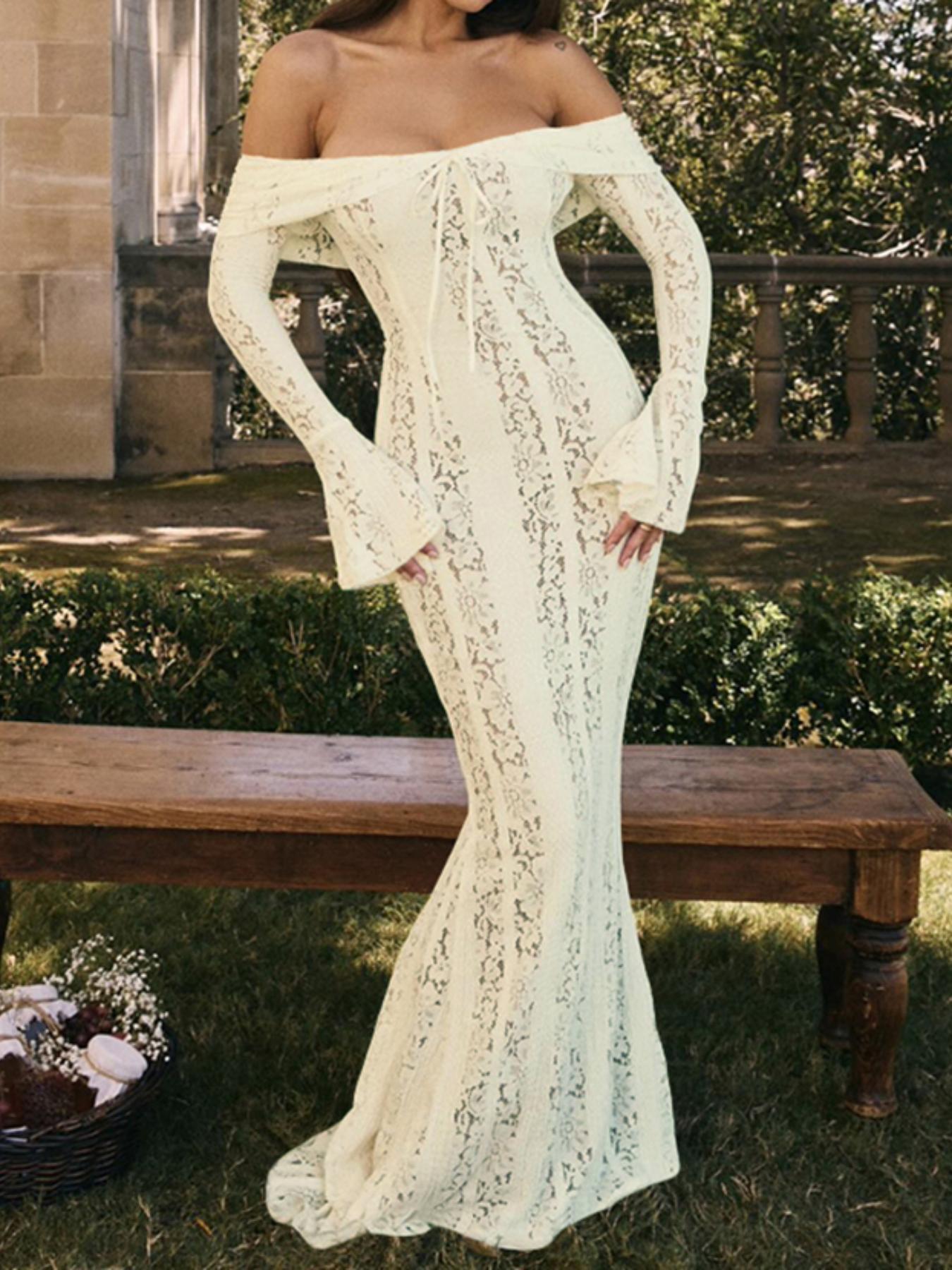 Women's Off The Shoulder Tie Front Lace Bodycon Dress, Elegant Long Sleeve Flounce Sleeve Zipper Back Maxi Dress for Party Holiday Wedding Guest, Ladies Spring & Fall Clothes,  Bridal Attire Valentine's Day, gift