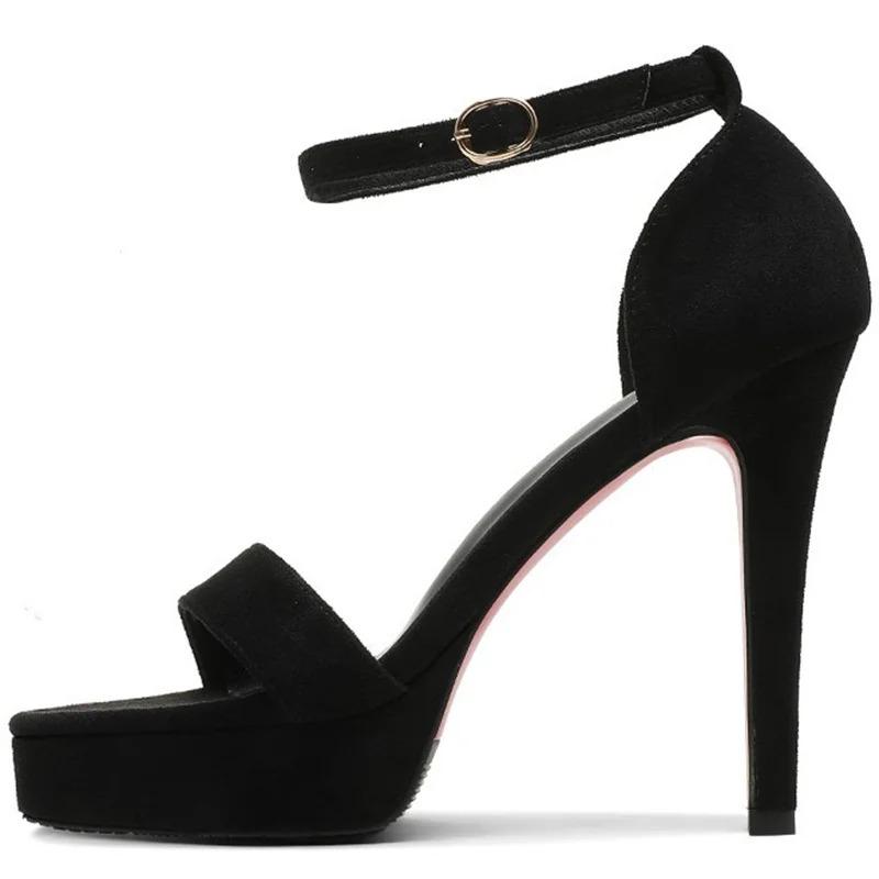 2025 New Summer Women 12cm High Heels 2cm Platform Suede Black Sandals Lady Stiletto Heels Strappy Sandles Catwalk Fetish Shoes