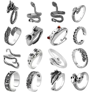 Mens Vintage Open Rings Set Frog Snake Skull Cool Punk Goth Ring for Men Women Adjustable (Silver-16 PCS)