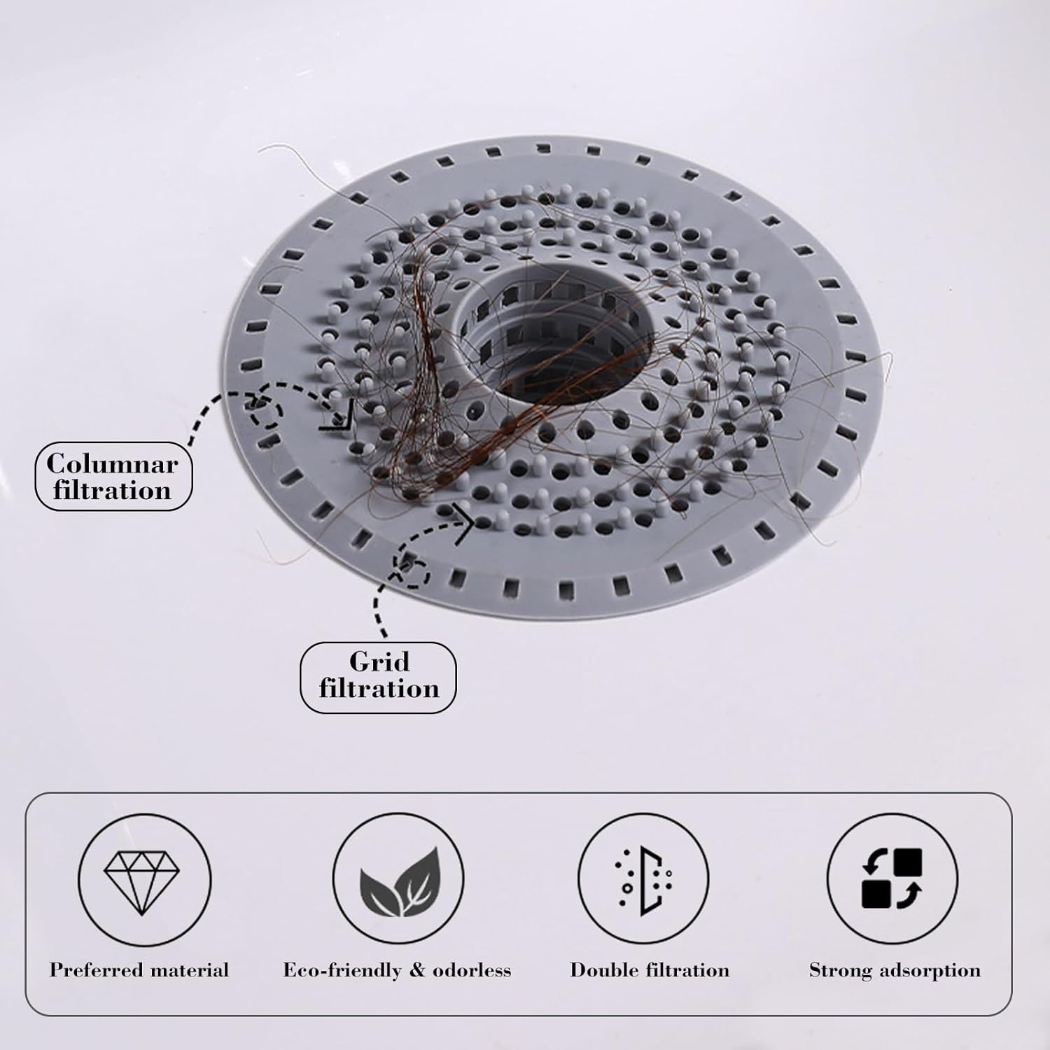 Silicone Bathtub Drain Hair Catcher – 3PCS Shower Drain Protector for 1.48" to 1.76" Regular Drains – Easy-to-Clean and Reusable Grey