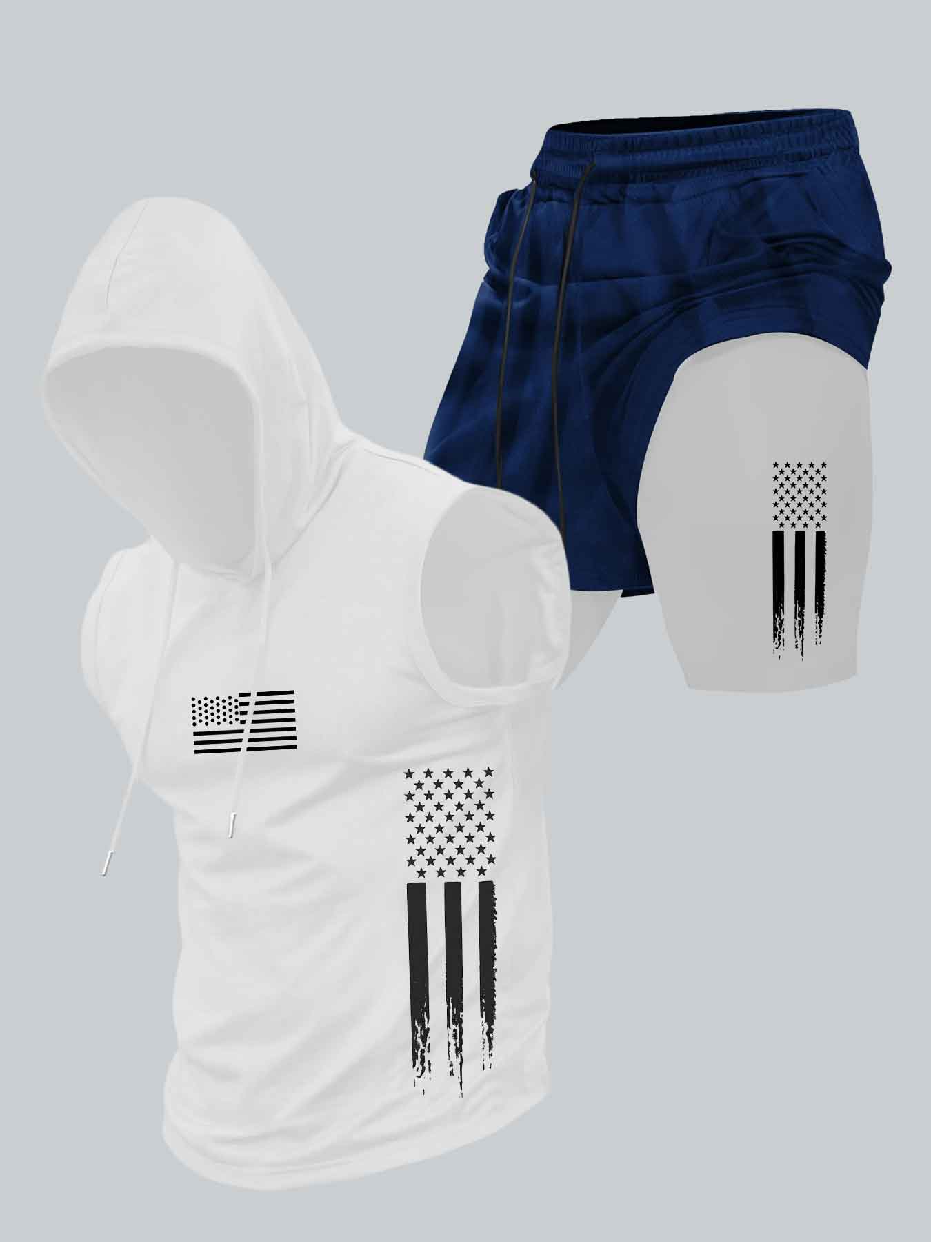 Two-Piece Set Men's American Flag Print Hooded Tank Top & Shorts Set, Regular Fit Casual Athletic Fashion Activewear Sleeveless Top & Shorts, Men's Summer Clothes
