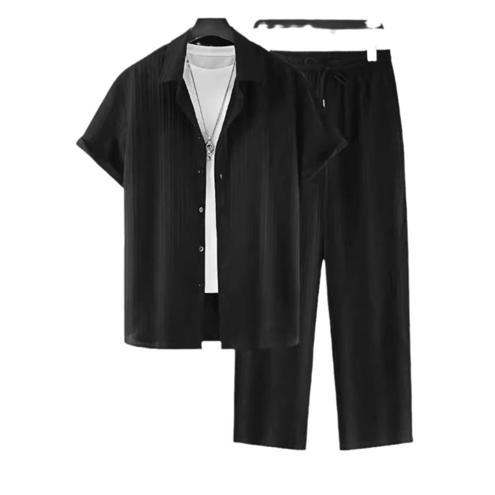 2026 Men's Striped Short-Sleeve Shirt with Button-Down Collar and Drawstring Trousers Set