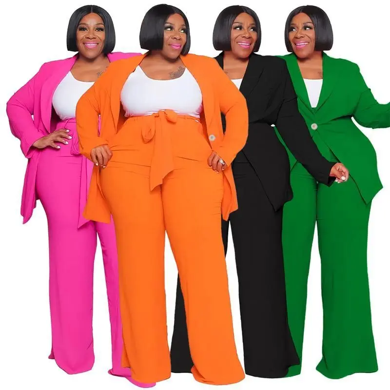 Women's Plus Size Fashion Temperament Business Casual Suit Long Sleeve Below the Ankle Belted Blazer Trouser Rose Red Basic Fitted Gift