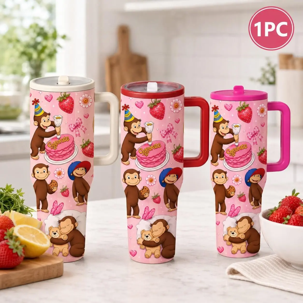 1PC 40oz George Strawberry Party Tumbler with Handle and Straw, Stainless Steel Vacuum Insulated Travel Mug with Lid, Cute Monkey Strawberry Birthday Cake Design, Cup Holder Friendly, Christmas,Birthday Gift for Women Girls Friends, School Office Travel
