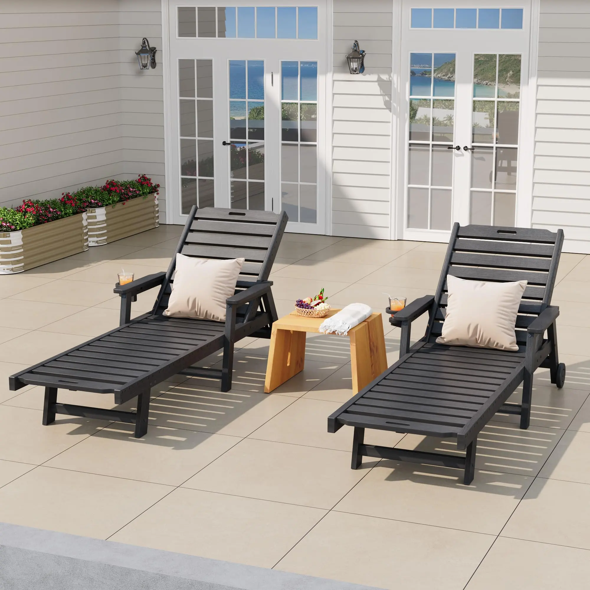 78" Patio Chaise Lounge Chair, Long 5-Positions Adjustable HDPE Outdoor Lounger for Pool, Poly Lounge Chair with Rolling Wheels & Cup Holder for Poolside, Deck