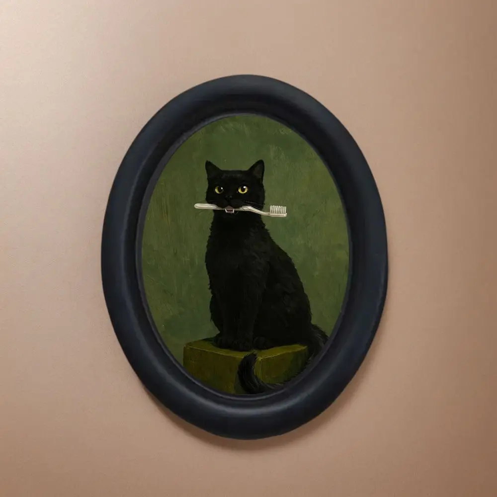 Vintage Cat with Toothbrush Pattern Wall Art, Oval Frame, Framed Vintage Design, Fun and Whimsical Home Decor, Perfect for Halloween, Christmas & Thanksgiving