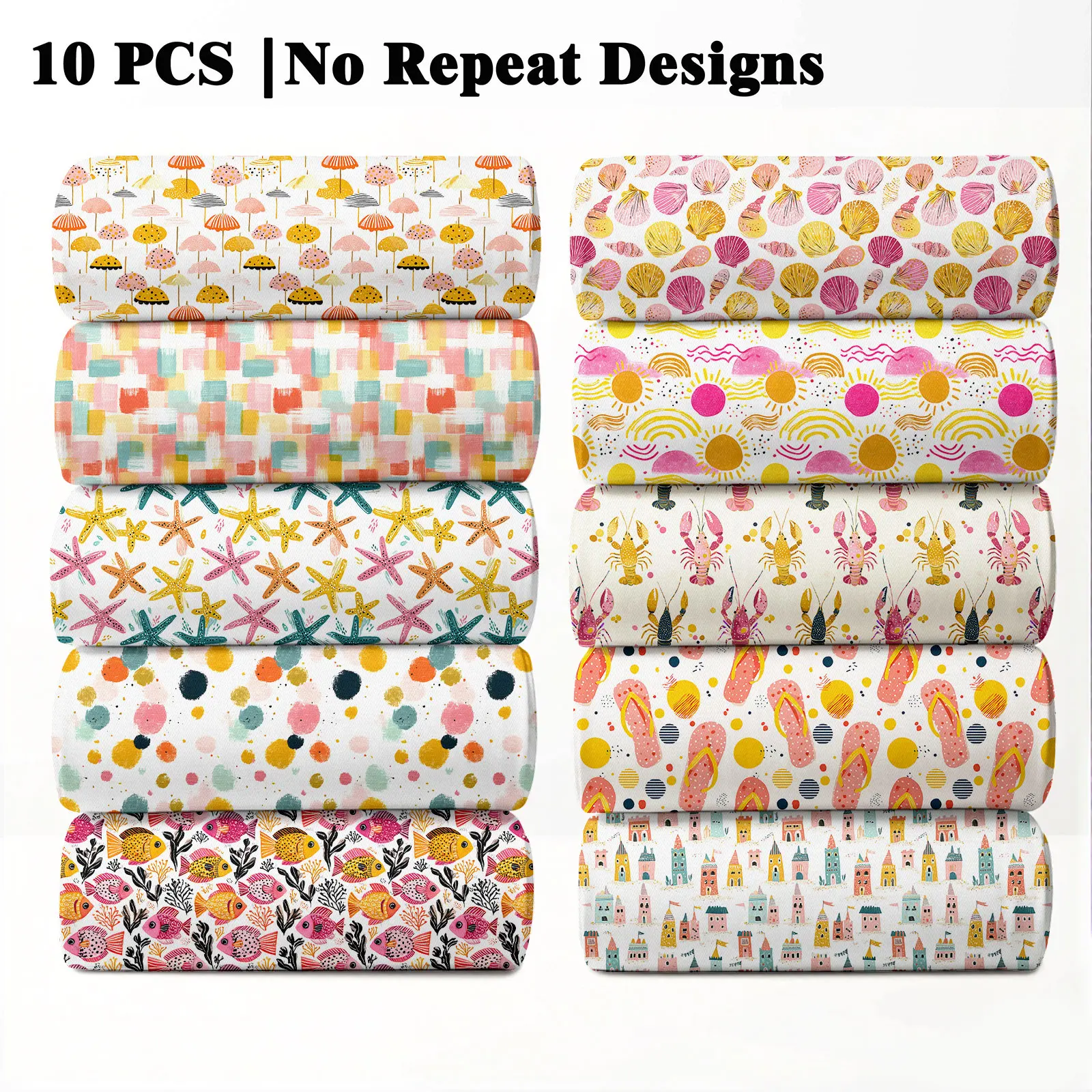 10PCS Folk Art Beach Print Fabric, 23x55cm (9x22in) Classic Ethnic Beach Pattern Quilting Home Decor DIY