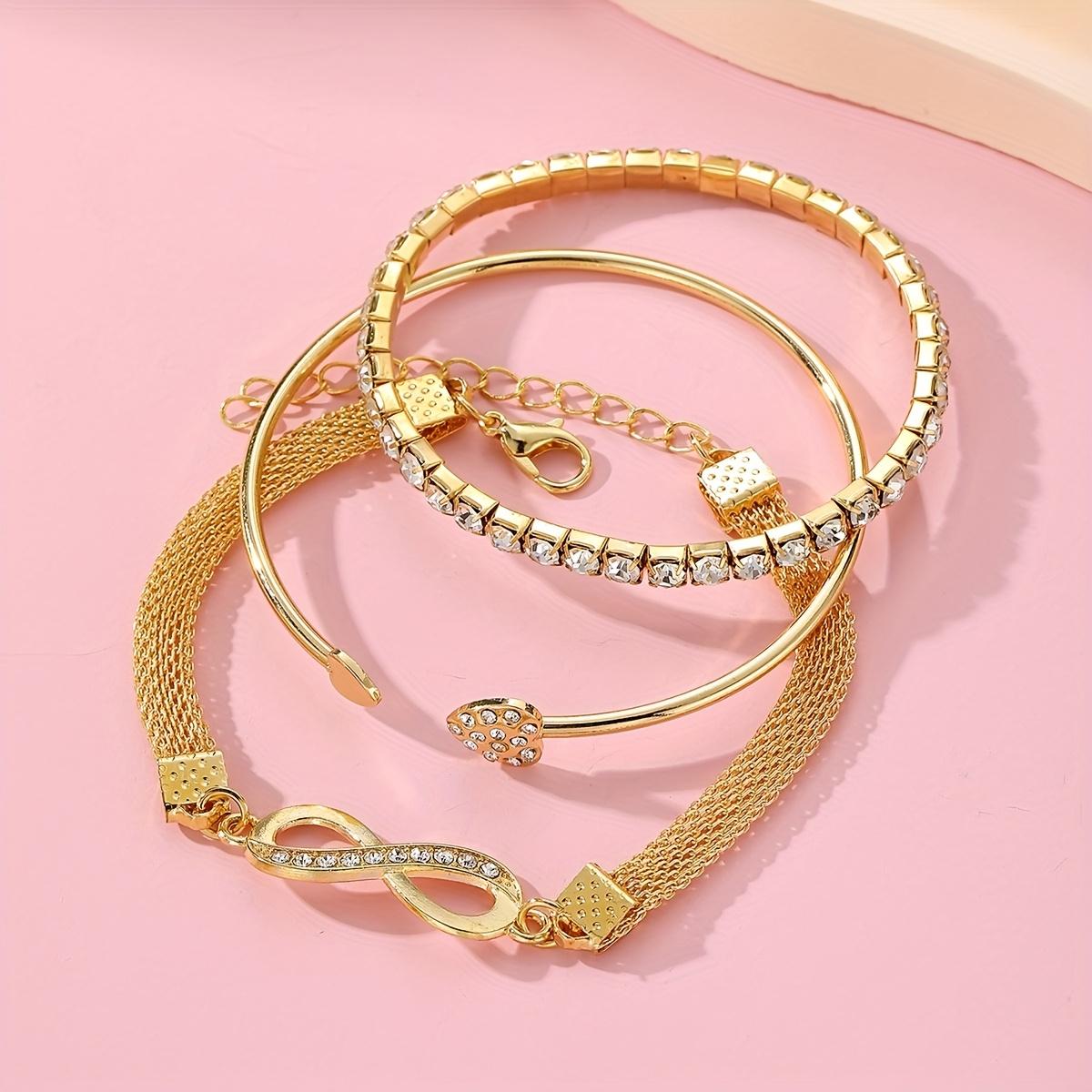 3 Pcs Vintage Elegant Rhinestone Bracelet Set - Adjustable Heart & Infinity Symbol Bangle, Stylish Alloy Open Cuff for Daily Wear & Gift Occasions