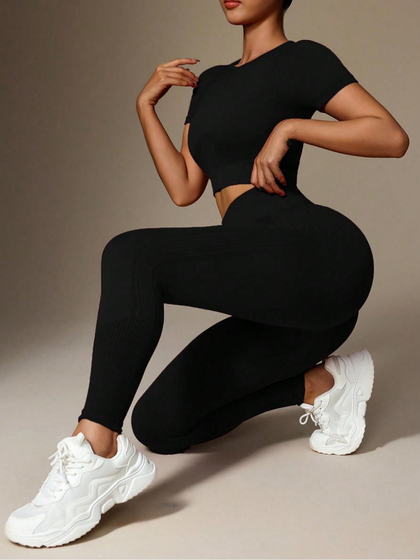 Women's Solid Crop Top & Pants Sports Set, Sporty Casual Breathable Comfortable Outfits for Yoga Gym Workout Running, Ladies Sportswear for All Seasons, Yoga Clothes Set