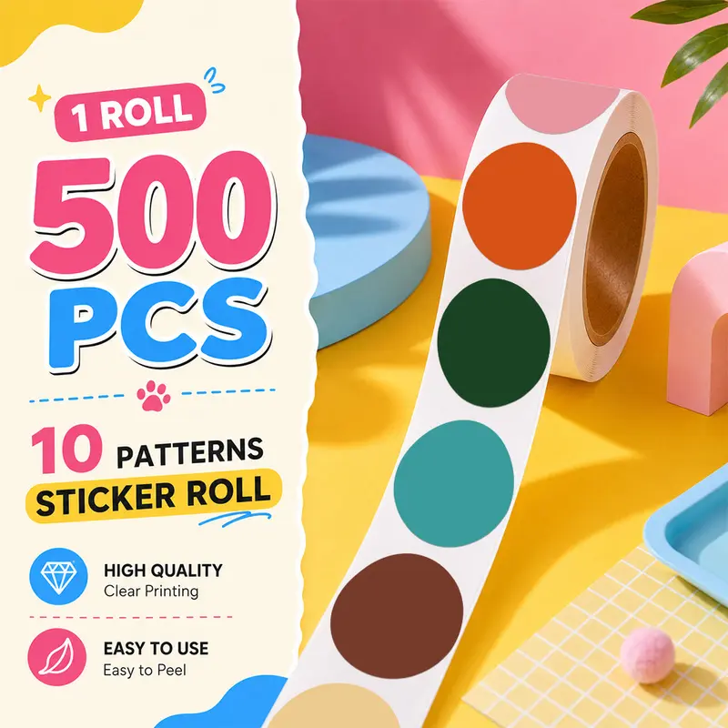 500PCS/Roll Dots Sticker Roll, 10 Designs Aesthetic Decorative Sticker Tape, Self Adhesive Journaling Stickers for Notebook, Laptop, Phone Case and Daily Decoration
