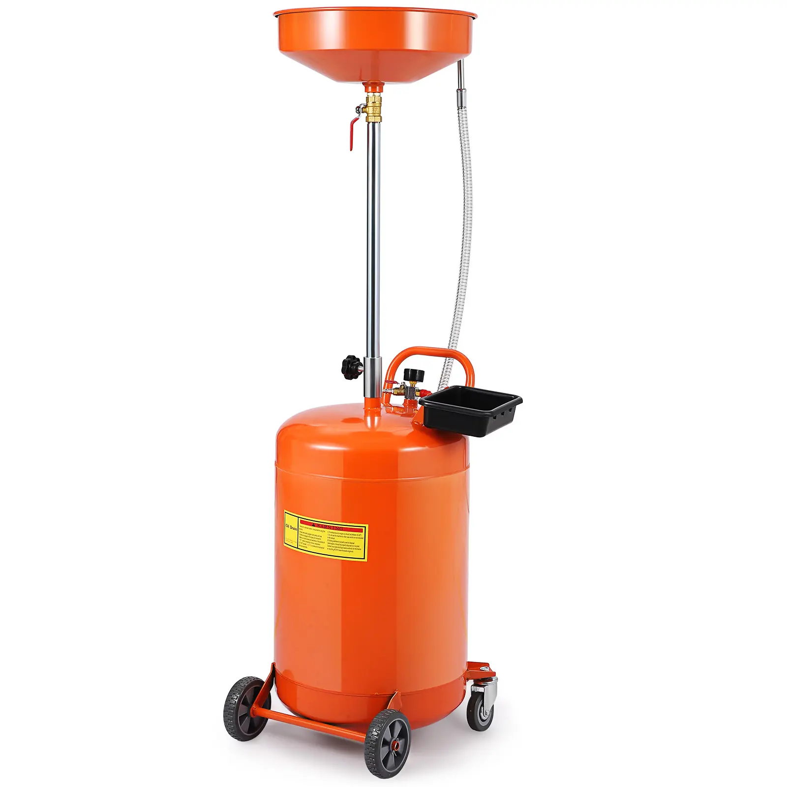 20 Gallon Waste Oil Drain Tank,Luid Fuel Transfer Tank with Height-Adjustable Funnel (38"-65") & Tool Box, Portable Oil Drain Container with Pressure Regulating Valve & Wheel, Orange