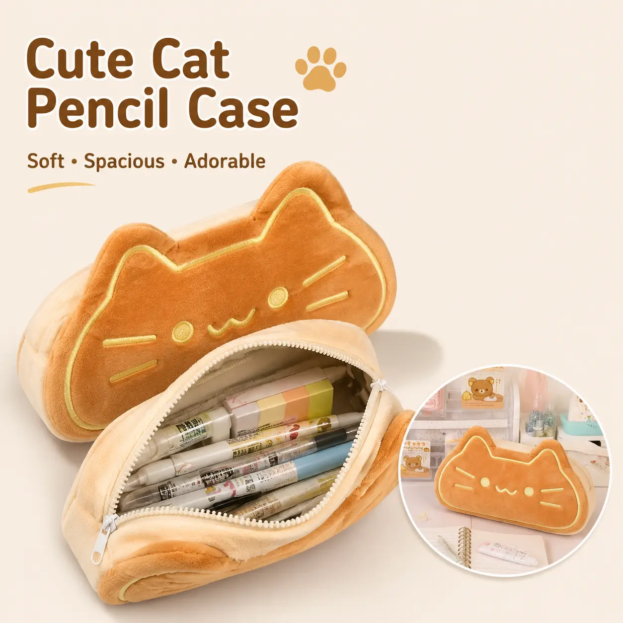 Cute Cat Plush Pencil Case, 1 Count Large Capacity Pencil Bag, Stationery Storage Bag, Desk Organizer, Pencil Holder for Home Office School Student Teacher, Office Supplies, Office Accessories-YY0