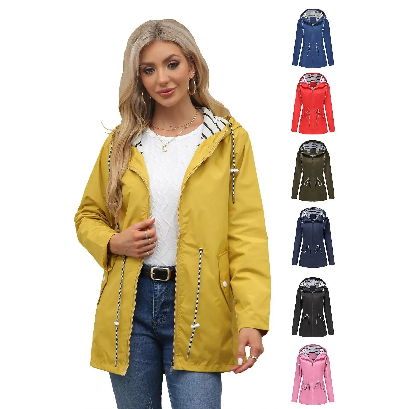 women's long-sleeved waterproof hooded mid-length autumn and winter windbreaker, lightweight and breathable solid color hooded jacket, outdoor windproof jacket, women's jacket, zipper jacket, casual rain jacket, waterproof mid-length windbreaker