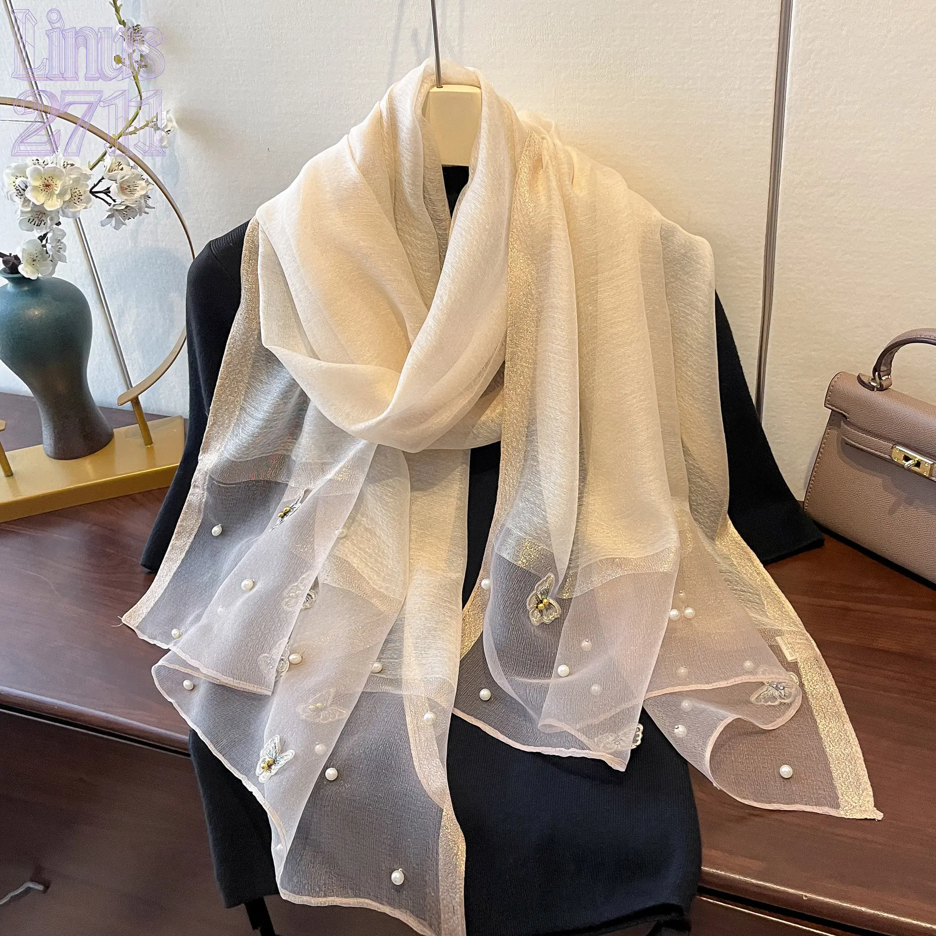 Pearl Butterfly Embellished Faux Silk Scarf Glitter Trim Thin Sheer Shawl Women Spring Summer Sun Protection Cape Air Conditioning Warm Neck Wrap Wedding Daily Dress Matching Accessory