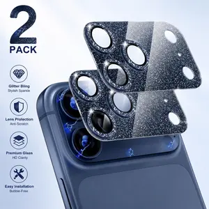 iPhone 17 Pro Max Camera Lens Protector – Bling Glitter Cover with 9H Tempered Glass & Metal Ring, Full Lens Protection 6.9" (Orange)