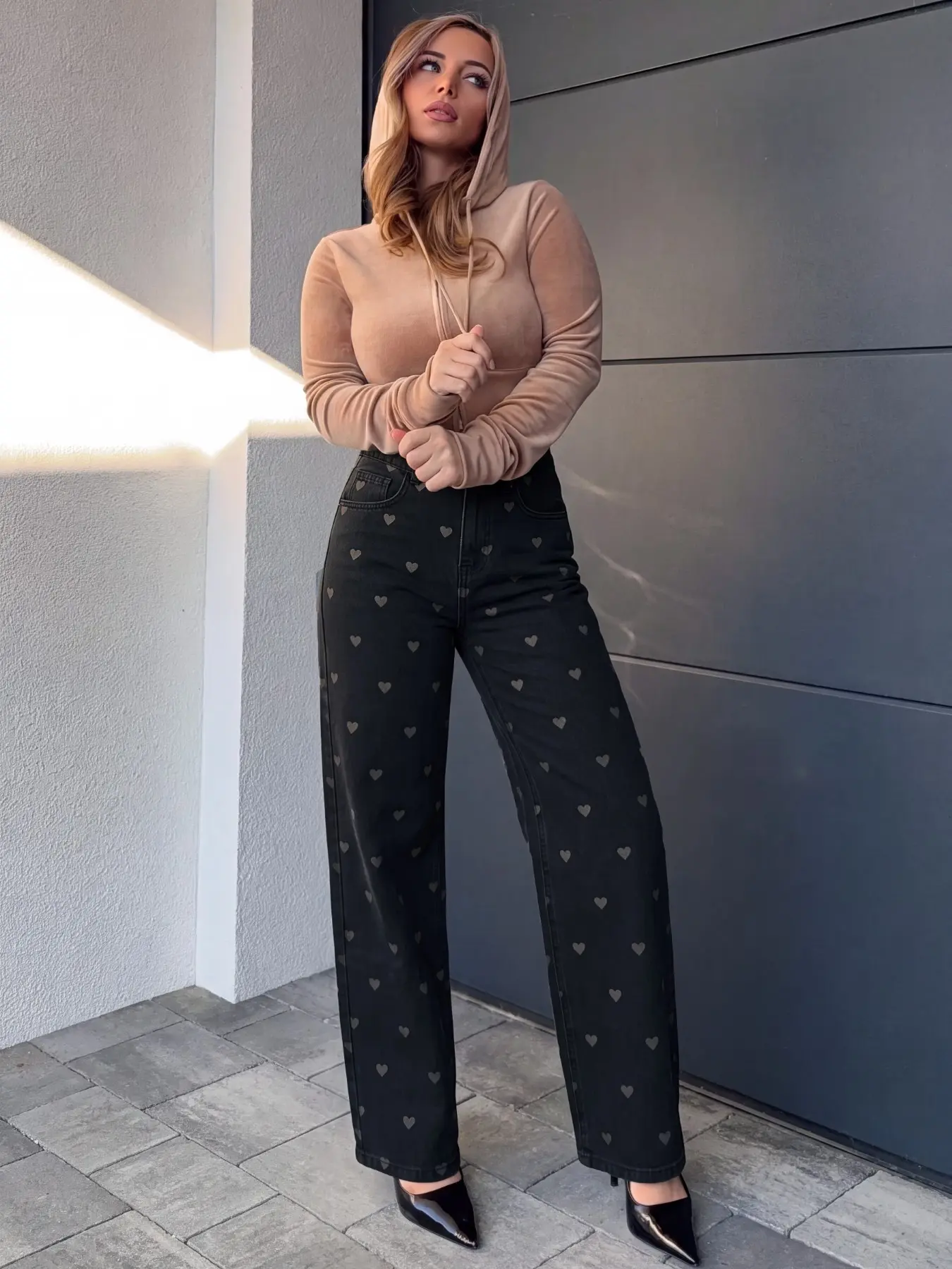 High Stretch Mid-Waist Wide Leg Jeans, Y2K Street Style, Heart Print, Denim, Comfortable Fit, Fashionable All-Season Wear