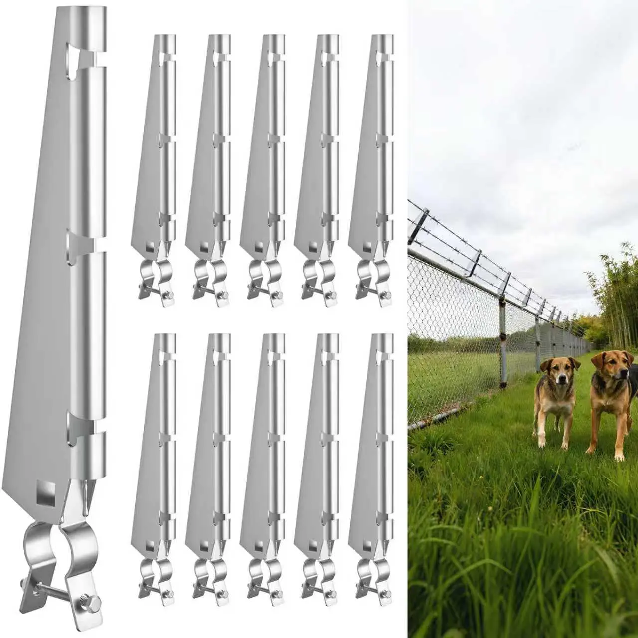 10 Pack Barbed Wire Arm for /8" Chain Link Fence, Galvanized Steel Fence Height Extender for Garden Outdoor, for Outdoor Fences to Increase Height and Pets Jumping Off