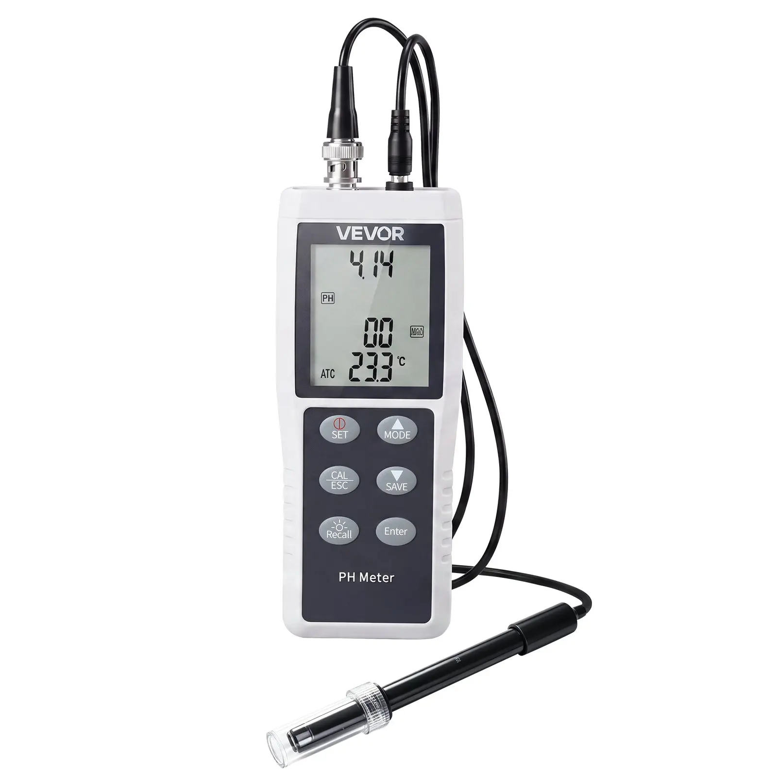 VEVOR pH Meter Kit - 0-14 pH Range, IP68 Waterproof Probe, 3-Point Auto Calib., Temp Compens., Portable Tester with Calibration Powder Packets, Temperature Probe, Cable, Batteries, Carrying Case for Pets' Water, Hydroponics, Drinking Water