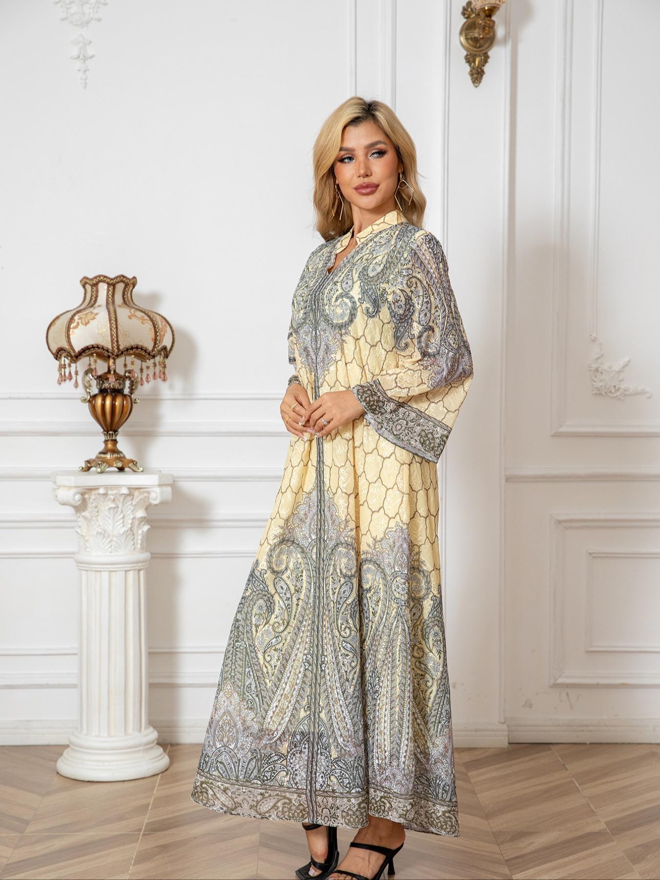 Women's All Over Print Long Sleeve Dress, Elegant Dresses, Elegant Long Dress for Party Holiday Wedding Guest, Ladies Clothes for All Seasons