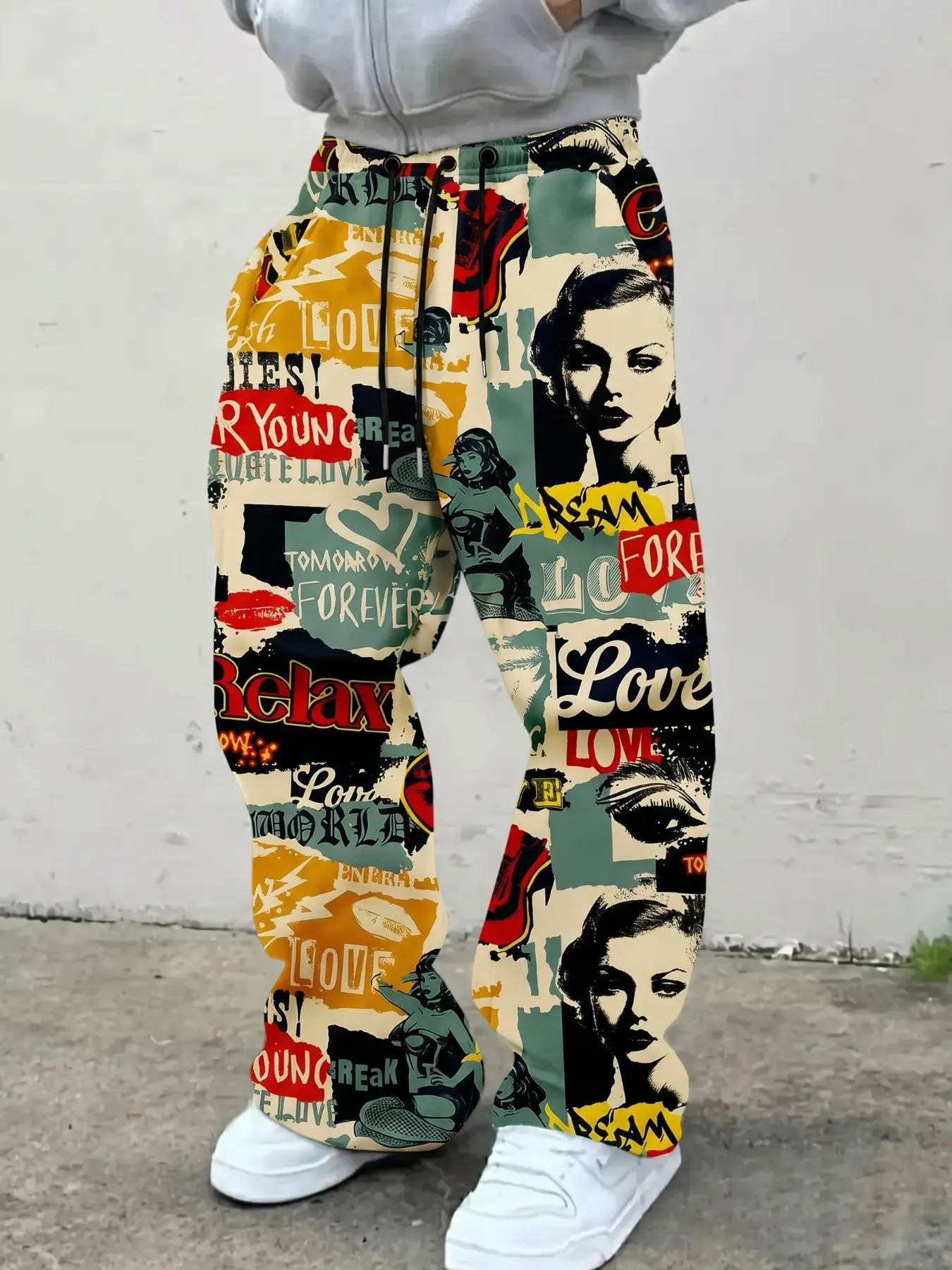Women 90s Retro Pinup Girl Collage Full Print Wide Leg Sweatpants Soft Multi Color Vintage Newspaper Poster Graphic High Waist Drawstring Oversized Floor Length Casual Trousers For Street Festival Daily 2026 Trendy #pinupgirlwidelegpants #90s