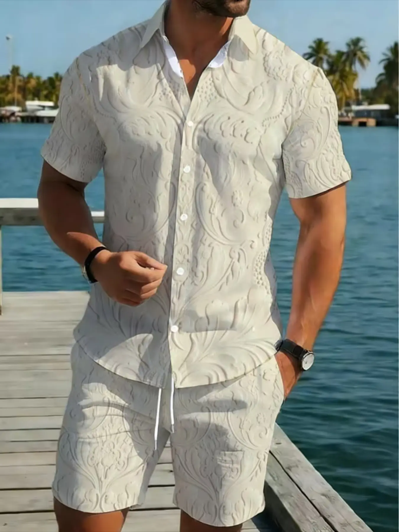 Men's Lightweight Embroidered Short Sleeve Shirt and Pants Set, Comfortable Casual Outdoor Clothing, Ideal for Hiking
