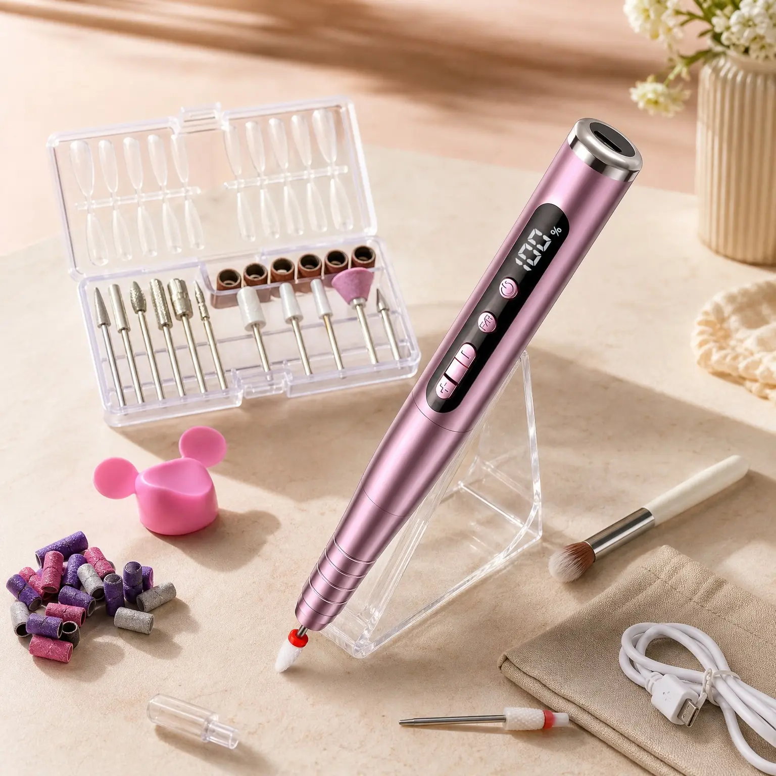 13-in-1 Cordless Electric Nail Drill Kit with LED Display, 35000 RPM 6-Speed Rechargeable Manicure Tool for Acrylic Gel Nails, Includes Nail Bits & Sanding Bands, Gift for Women, Rose Pink