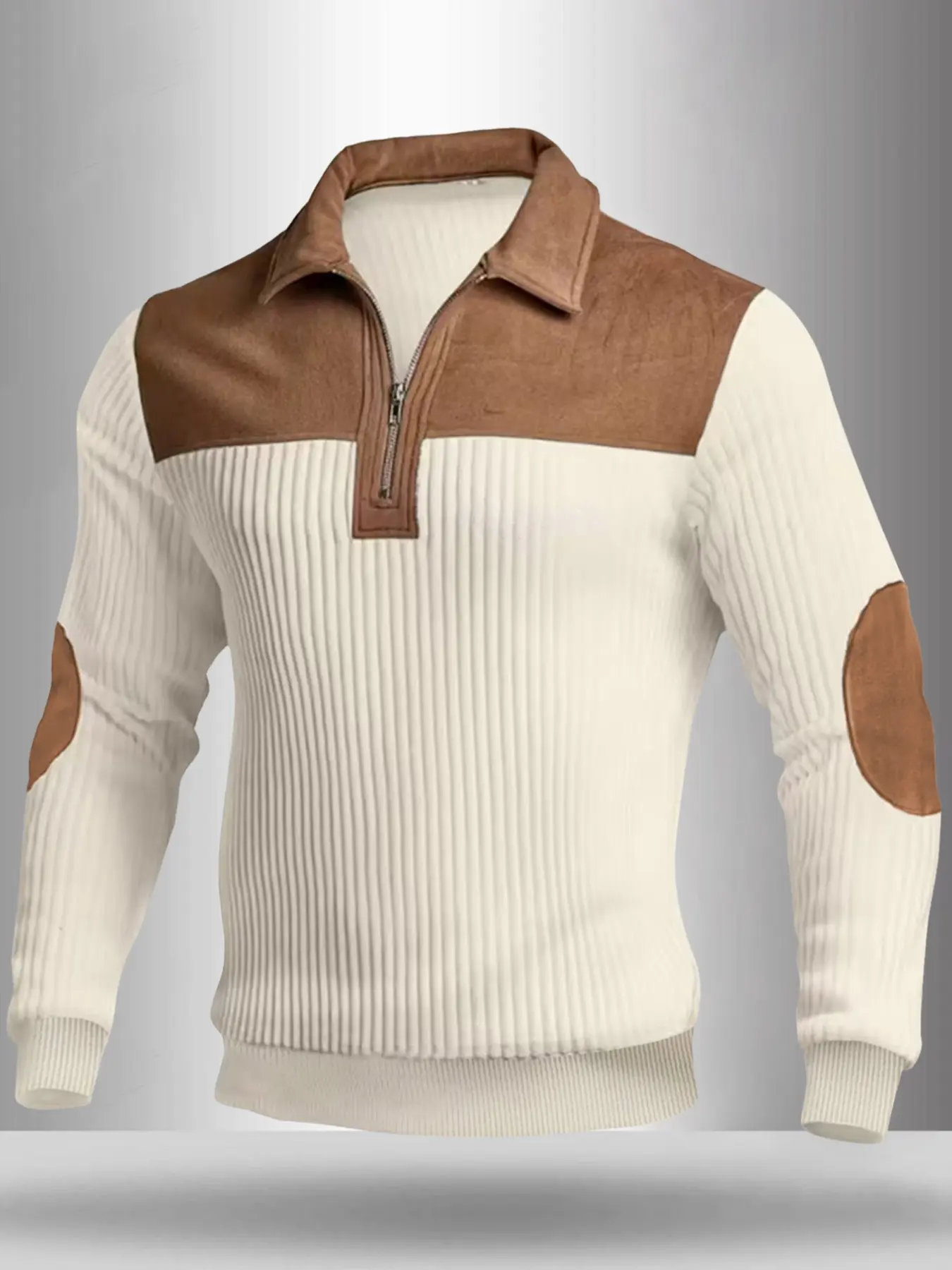 Men Half Zip Lapel Ribbed Sweater, Spliced Suede Patch Collar & Elbow Design Pullover, Slim Fit Knit Long Sleeve Top for Daily Casual Wear, Business Daily and Outdoor Daily Matching#HalfZipSweater #RibbedKnitTop #SuedePatchPullover #MenCasualSweater