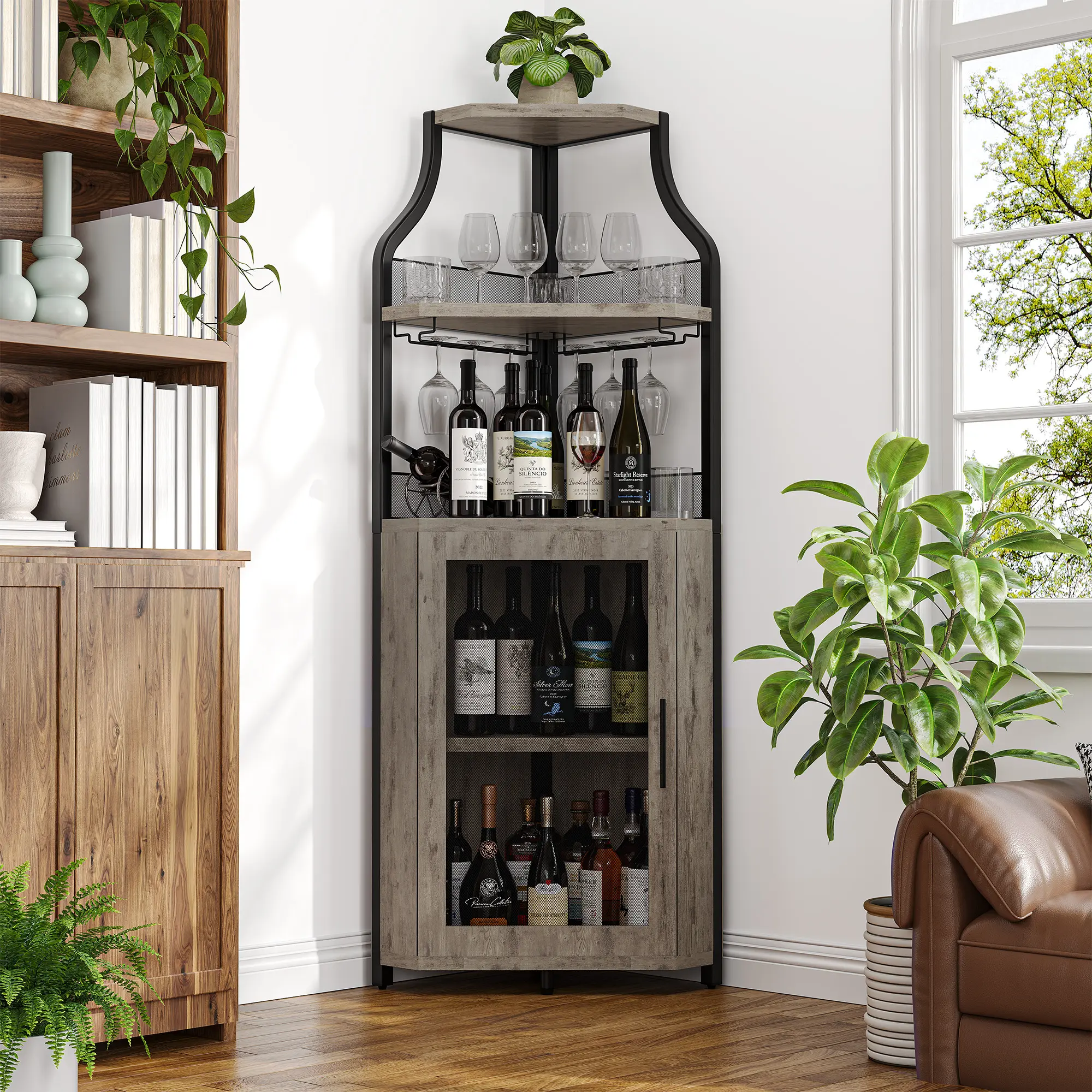 Corner Wine Cabinet with Detachable Wine Rack, 5-Tier Industrial Corner Bar Cabinet with Barn Door & Glass Holder, Farmhouse Buffet Cabinet for Home Bar