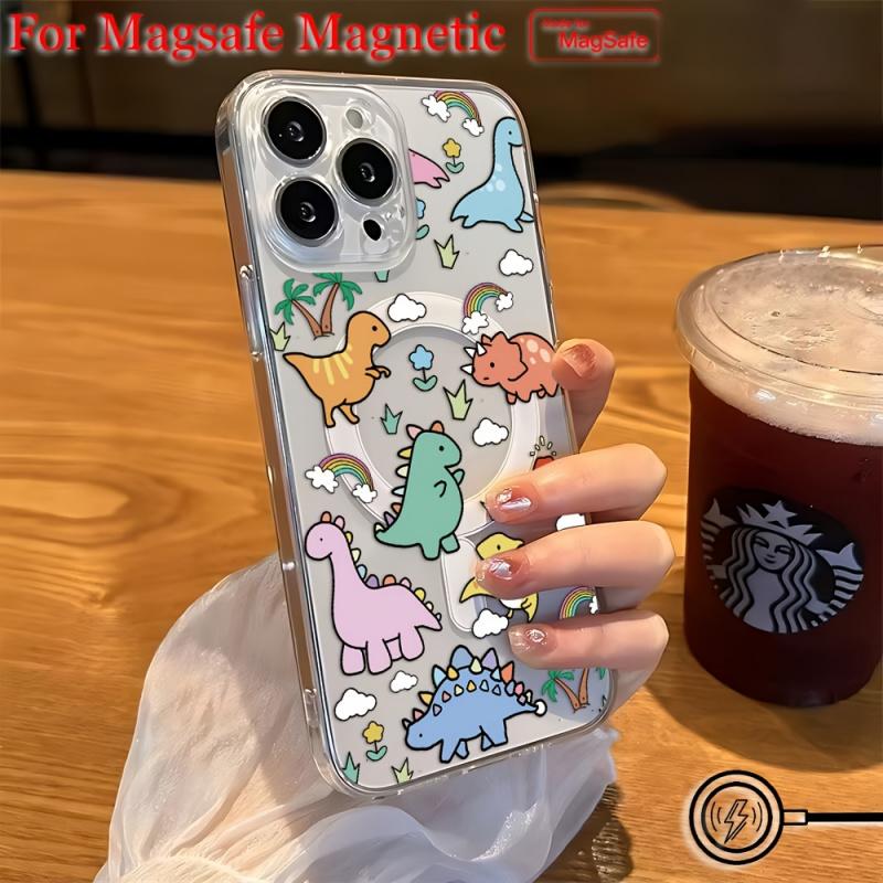 Cute Cartoon Dinosaur Pattern Phone Case Suitable for iPhone17 16 15 14 13 12 11  Transparent Magnetic Shockproof Soft TPU Back Cover, Phone Protection, Magnetic Attachment, Playful Design, Stylish Cover, Flexible Cover, Durable Material