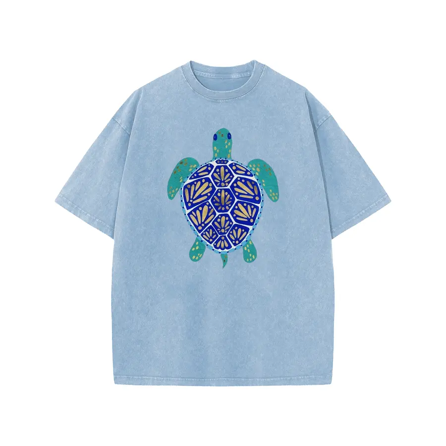 Holafish Unisex Acid Wash Sea Turtle Graphic T-Shirt, Vintage Washed Cotton Crewneck Short Sleeve Casual Tee