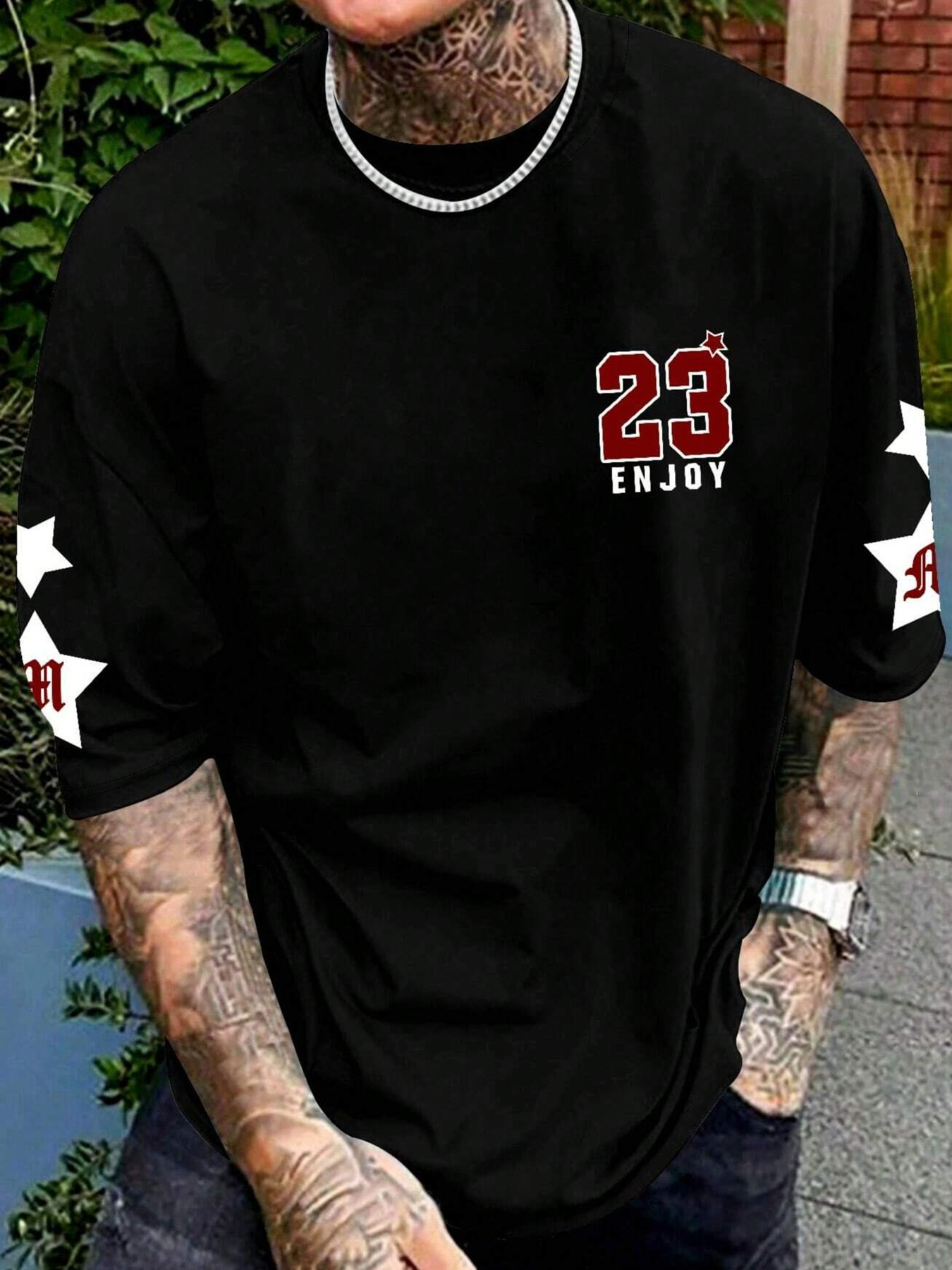 Men's Figure & Letter Print Regular Fit Round Neck T-shirt, Streetwear Chic Top for Summer,  Summer Clothes for Outdoor & Daily Wear, Tops, Tee