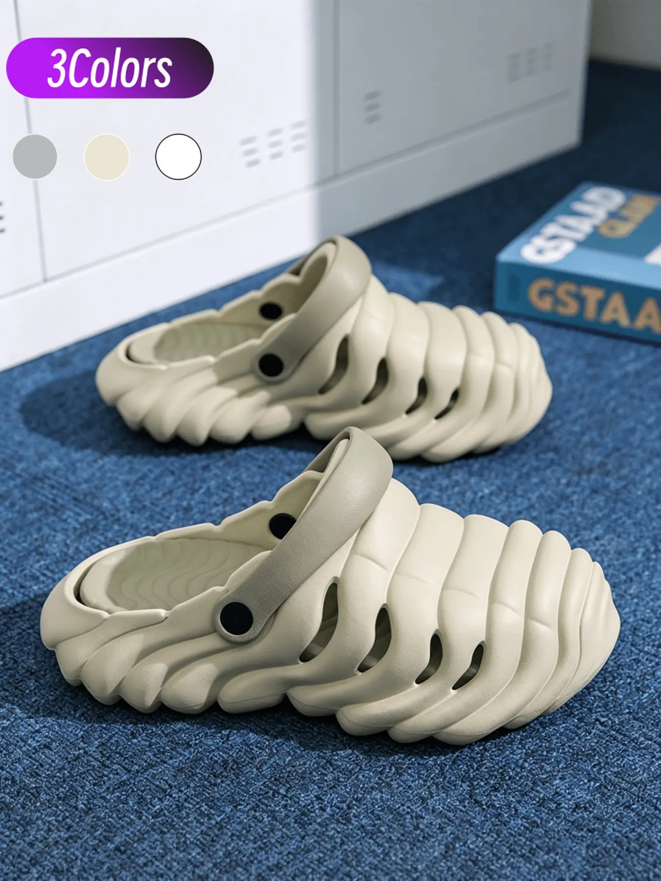 Wavy Stripe Korean Style Unisex Dual Wear Closed Toe Slides EVA Hollow Breathable Rotatable Heel Strap Thick Cushioned Anti-slip Platform Versatile Lazy Slippers For Home Beach Commute Car Wash