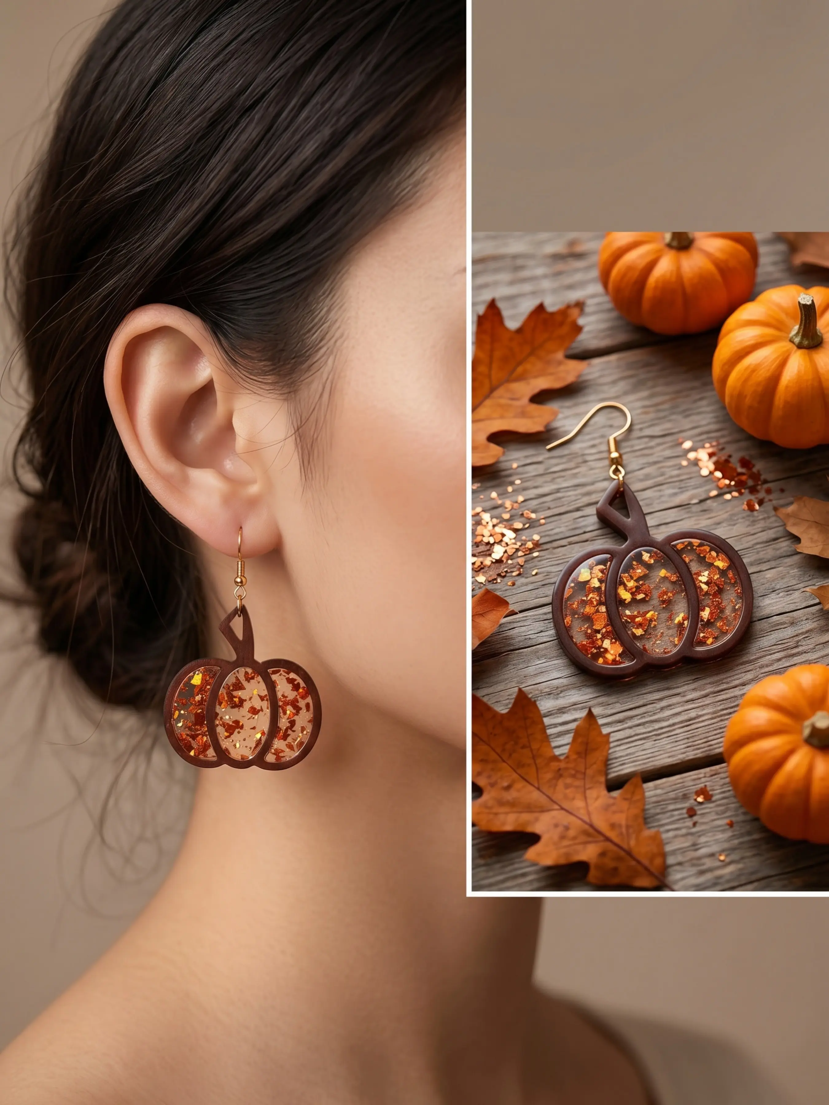Boho Hollow Out Wooden Pumpkin Earrings, Multicolor Glitter Ear Hooks, Vintage Autumn Atmosphere Jewelry, Teenage Thanksgiving Party Accessories
