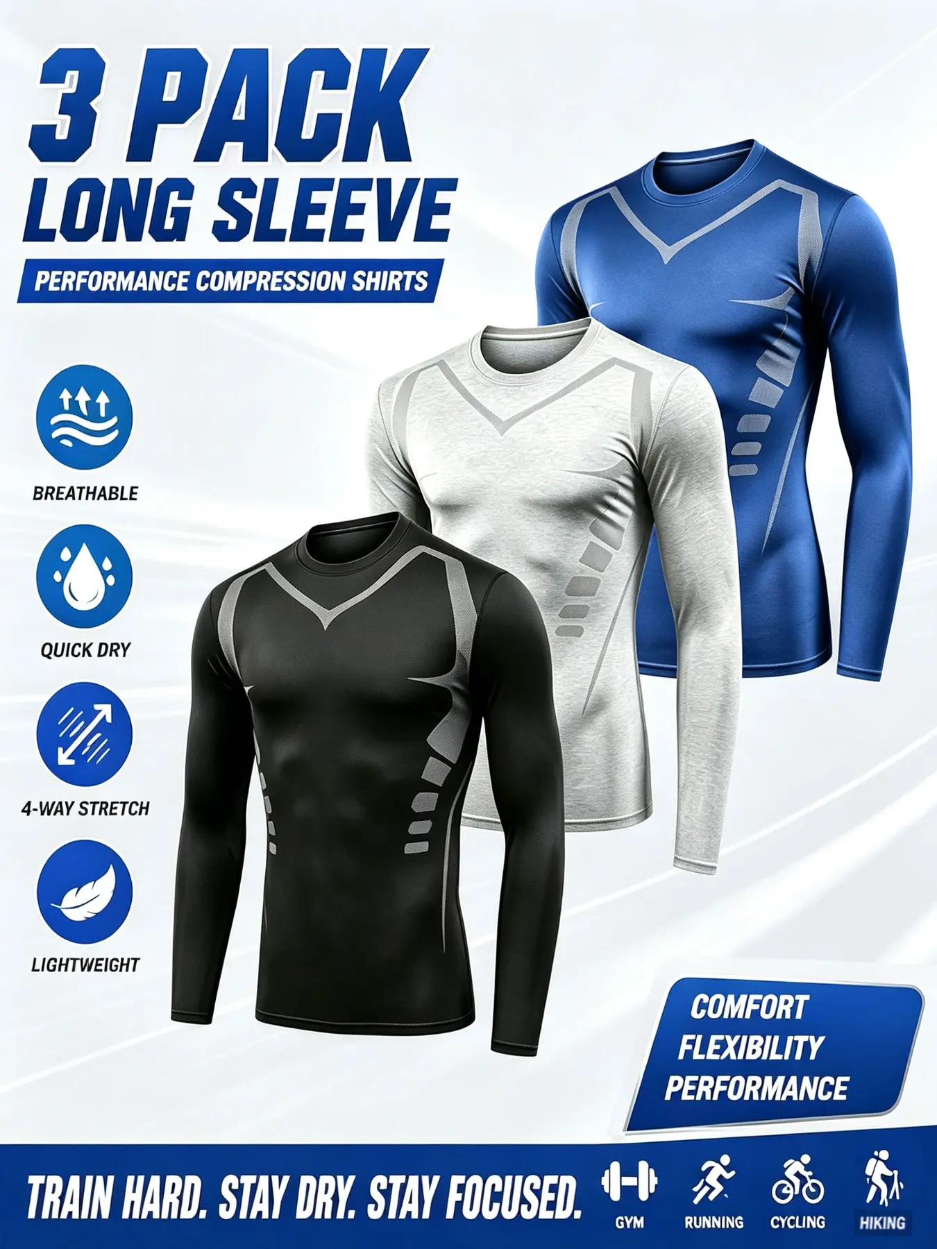 Men's 3-Pack Compression Long Sleeve Shirts, Quick Dry Fitted Athletic Gym Wear, Muscle Support Running Training Tops, Spring Fall Thin Long Sleeve