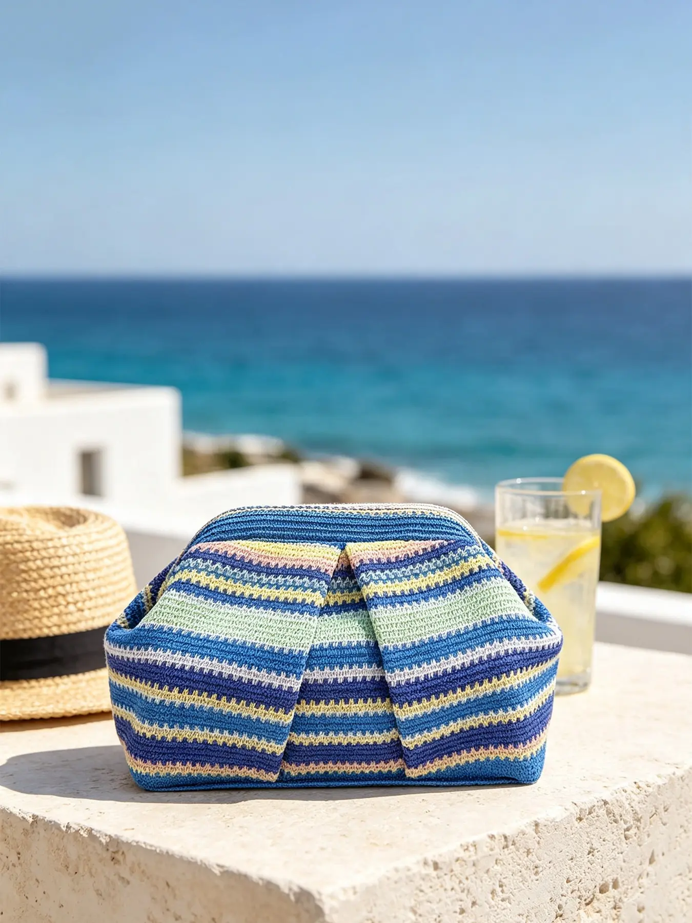 1pc Summer Striped Knotted Woven Clutch Purse, Textured Hand Bag for Seaside Hangout, Weekend Vacation, Photo Shooting, Daily Styling, Ideal for Modern Women, Fashion Girls, Summer‑out Lovers, Eye‑catching Fashion Accessory