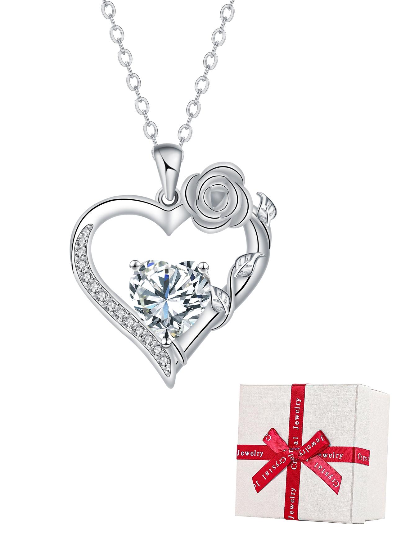 Rose Flower Heart Pendant Necklace With Rose Jewelry Gift Box, Exquisite Jewelry Gift, Anniversary Valentines Day Necklace Gift for Wife Girlfriend, Birthday Gifts for Mom Daughter, Heart Design Necklace