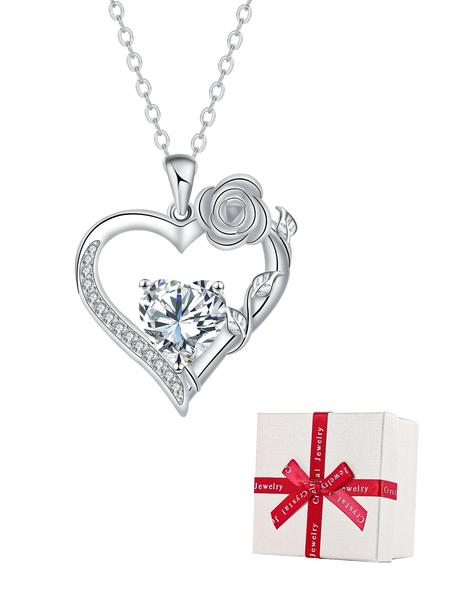 Rose Flower Heart Pendant Necklace With Rose Jewelry Gift Box, Exquisite Jewelry Gift, Anniversary Valentines Day Necklace Gift for Wife Girlfriend, Birthday Gifts for Mom Daughter